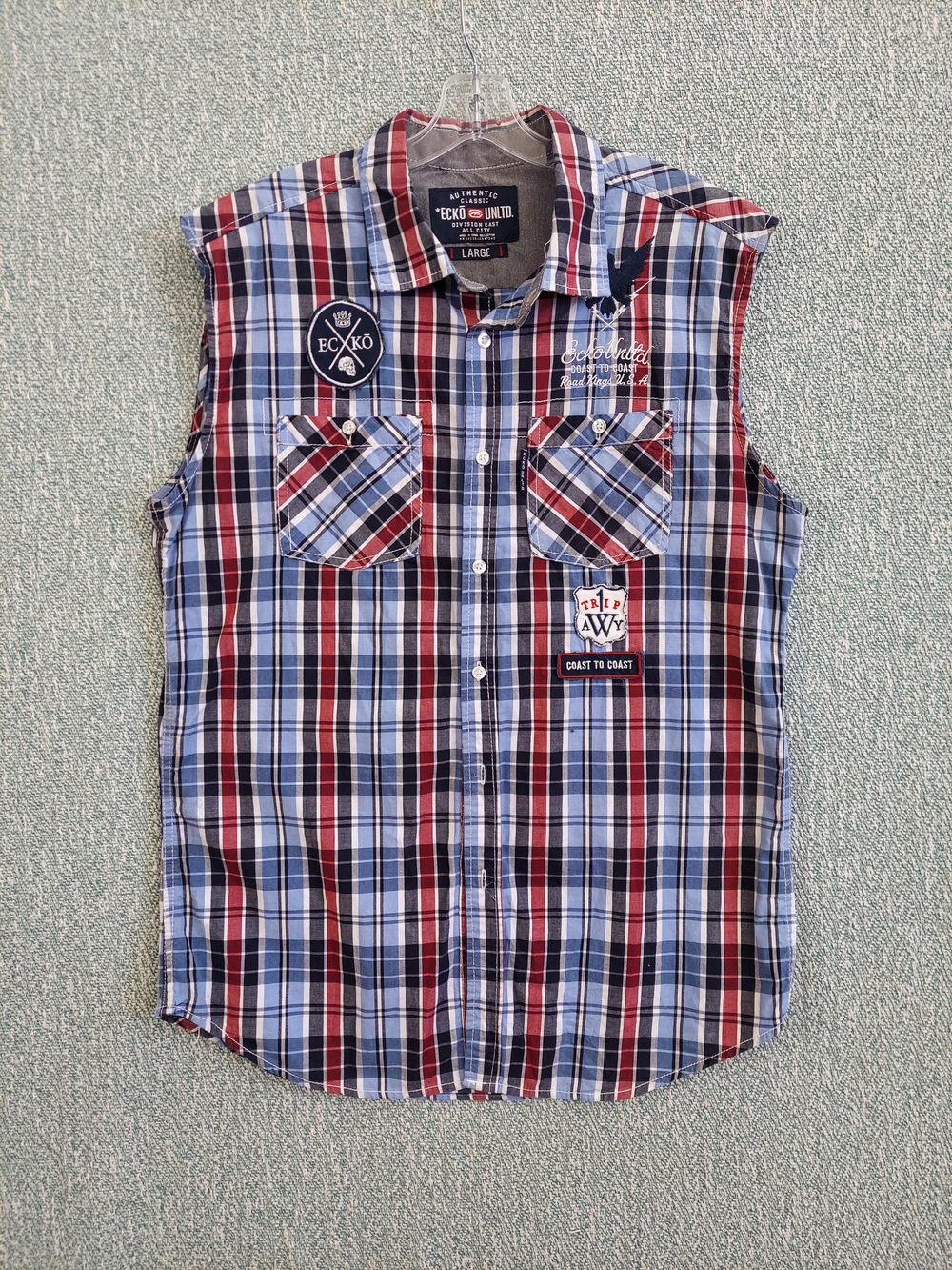 Ecko Unlimited Men's Sleeveless Plaid Shirt - Red, Blue, White